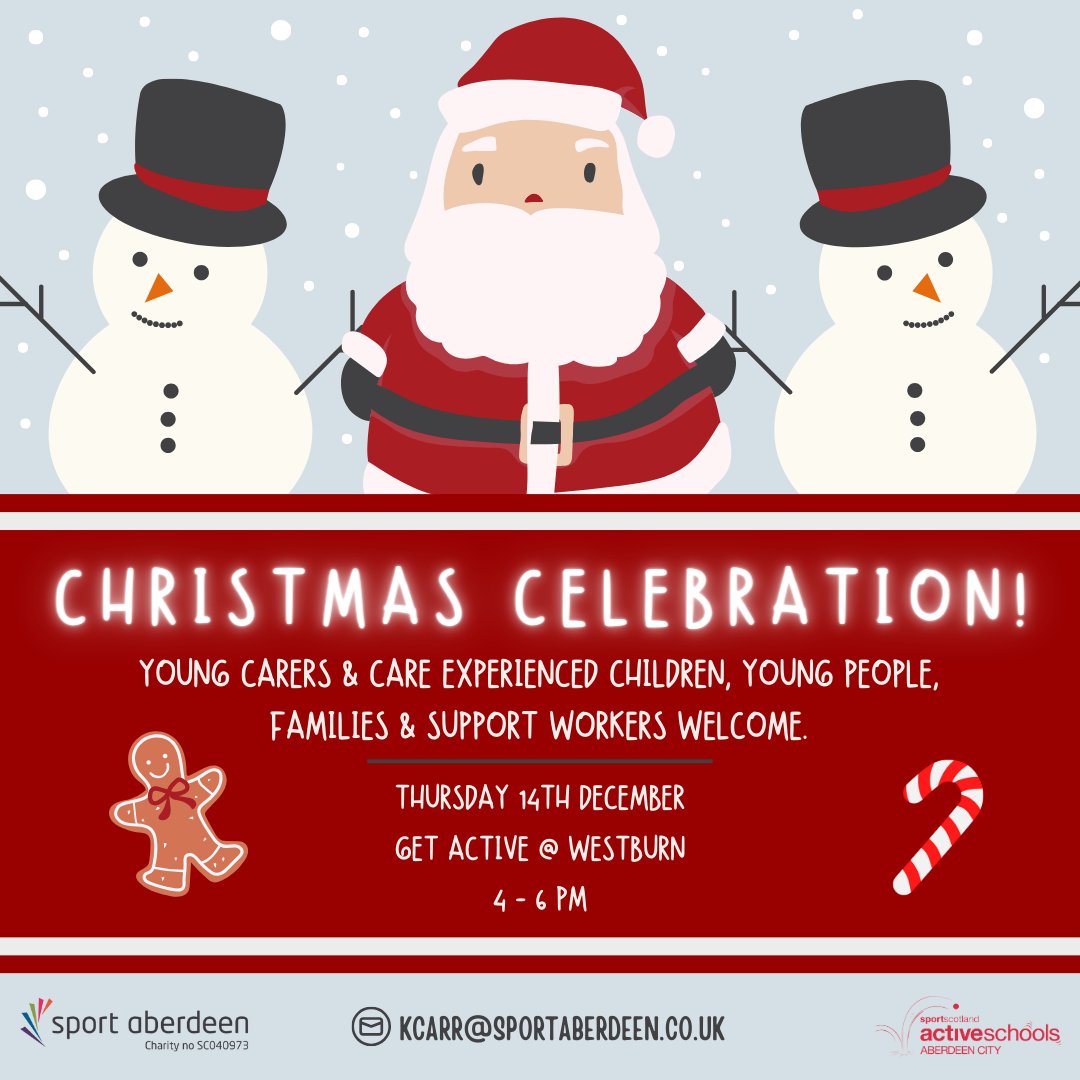 🎅 Don't miss out on the festive fun at our Christmas Celebration for young carers and care-experienced children, young people, and families at Get active @ Westburn this Thursday! 🤗🎉 This is your LAST CHANCE to secure your spot! Email Kcarr@sportaberdeen.co.uk to sign up!