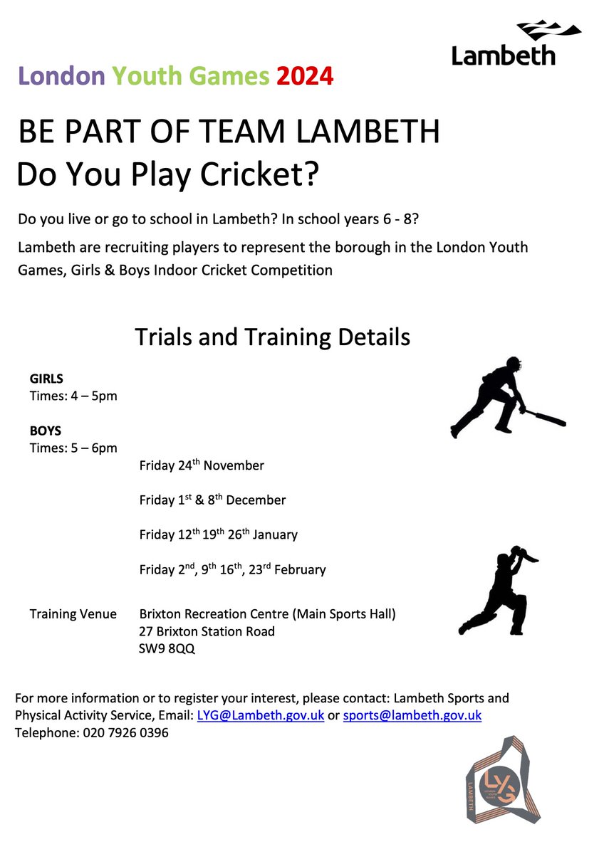 📢Calling all Year 6 parents and carers! ❓Does your child play cricket? 🏏 ❓Does your child live and learn in Lambeth? 🏫 ...then they are in with the chance to be part of #TeamLambeth and take part in the #LondonYouthGames2024 See below for details of trials and training!