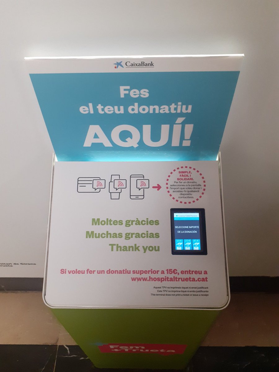 A l'hospital Josep Trueta de Girona hi ha una guardiola digital per col-laborar amb el finançament de la sanitat pública! 🤦‍♂️

D'aquestes guardioles digitals n'hi ha també al Circuit de Catalunya, a la T1 del Prat o a la Molina?

#VagaSanitat