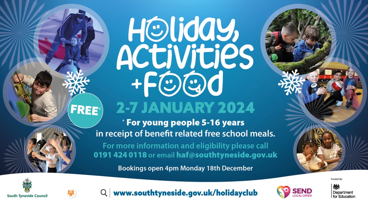 Thousands of children can look forward to fun activities in the New Year with the return of the FREE Holiday Activities and Food programme.

Places available for children/ young people who meet the eligibility criteria. Find out more here: southtyneside.gov.uk/holidayclub