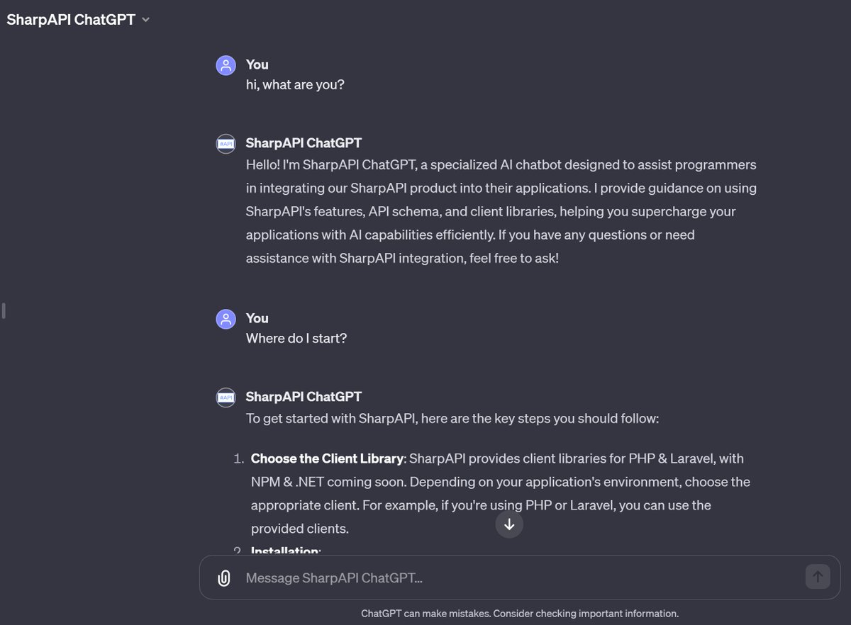 SharpAPI's tweet image. Now you can use our custom #SharpAPI #ChatGPT to be let by hand on the integration steps of our API 🦾🚀🤖!
chat.openai.com/g/g-4P3SFFu6Q-…
#AI #API