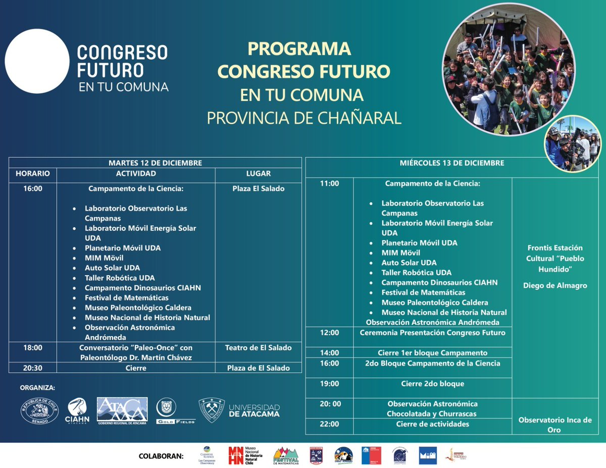 Es hoy! Desde las 16:00 hrs estaremos en la plaza de El Salado junto a <a href="/UAtacama/">Universidad de Atacama</a> <a href="/LCOAstro/">Carnegie Las Campanas Observatory</a> <a href="/MIM_museo/">MIM_Museo</a> <a href="/festivalmatemat/">Festival Matemáticas</a> <a href="/INCT_UDA/">Astronomía y Ciencias Planetarias</a> y + 👩🏻‍🔬👨🏻‍🔬🔬🦖🔭☀️🚘
 Los esperamos!