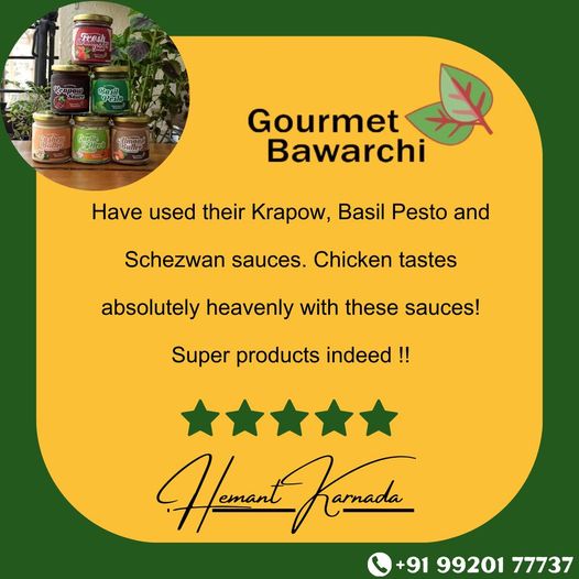 We look forward to serving you again in the future and hope to continue exceeding your expectations
.
.
#GourmetBawarchi #Pestosauce #Schezwansauces #Krapow #Basilpesto
#GourmetSauces #SavorTheFlavor #DressItUp #Gourmetbawarchi
#clientreview #googlereview #healthyproducts