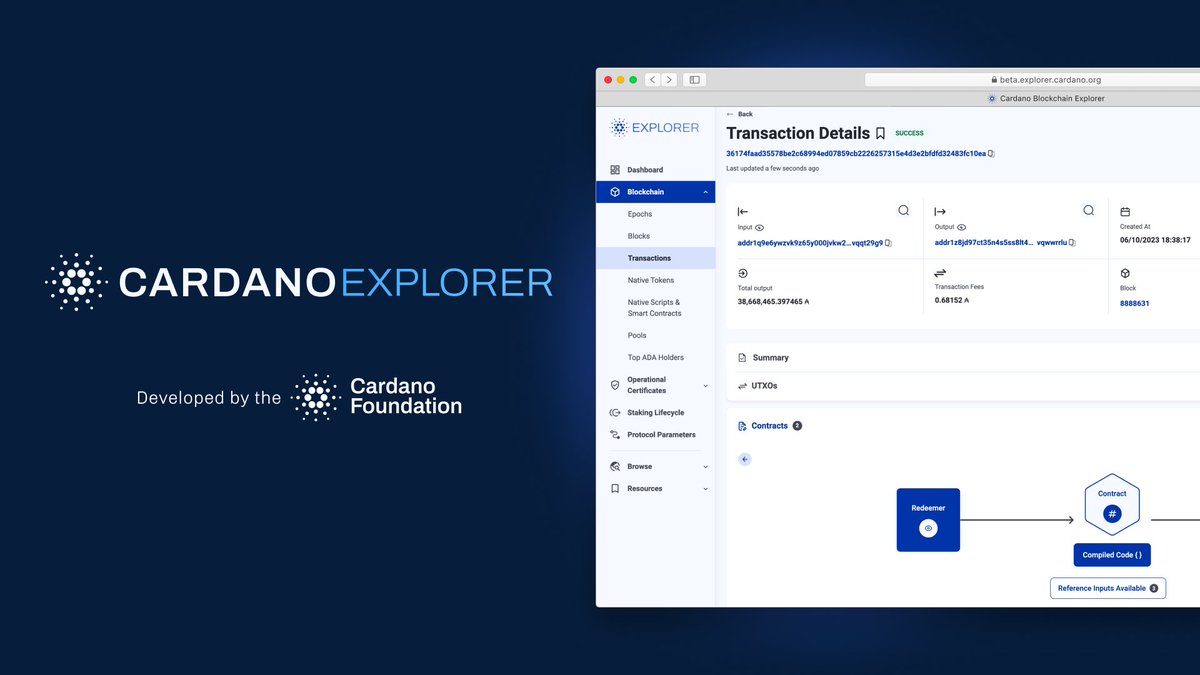 🧭 The Cardano Explorer open beta has exciting updates! 🔹Intuitive views  for transaction summary, native scripts, and smart contracts 🔹Staking  lifecycle supports browsing a random delegator/pool 🔹Display of  transaction signatories including genesis