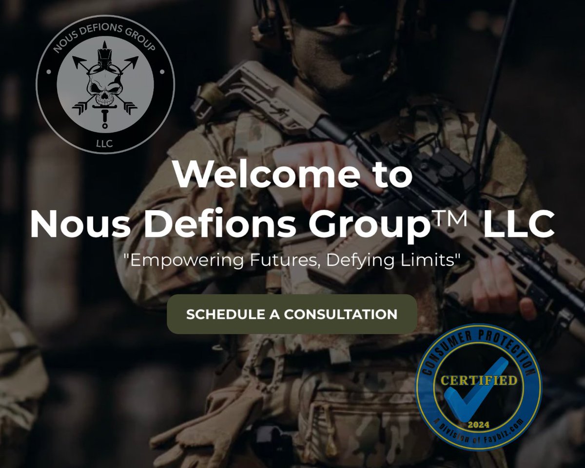 nousdefionsgrp's tweet image. Let&apos;s kickstart your journey with a consultation from Nous Defions Group™ LLC – a Certified Business with the Fayetteville Chamber of Commerce Consumer Protection Division. 

Contact us today and turn your visions into victories!

#NousDefionsGrp #SpecialForcesVeteranOwned