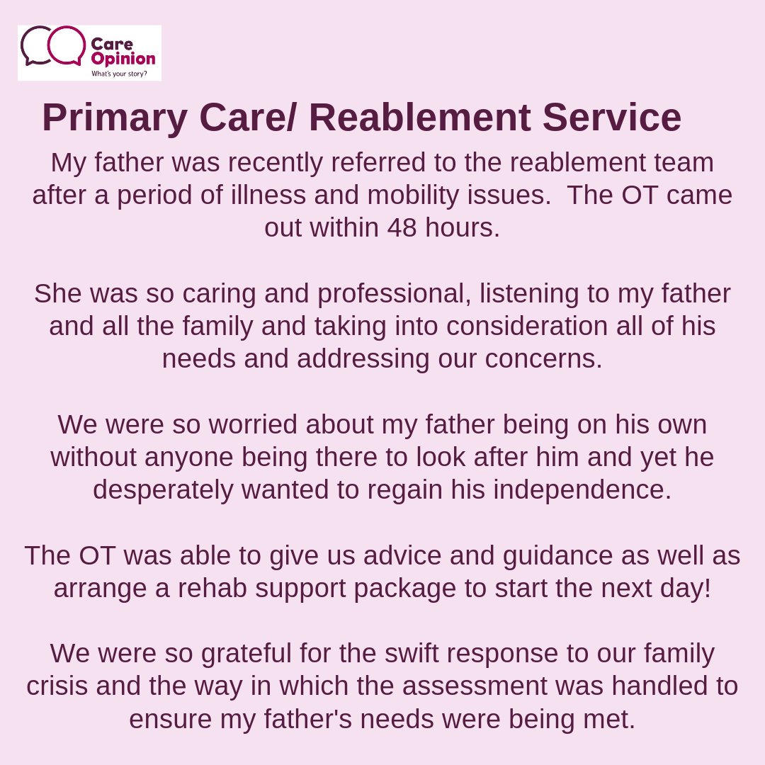 Well done to our reablement team! 👏 careopinion.org.uk/1145569 #teamSHSCT