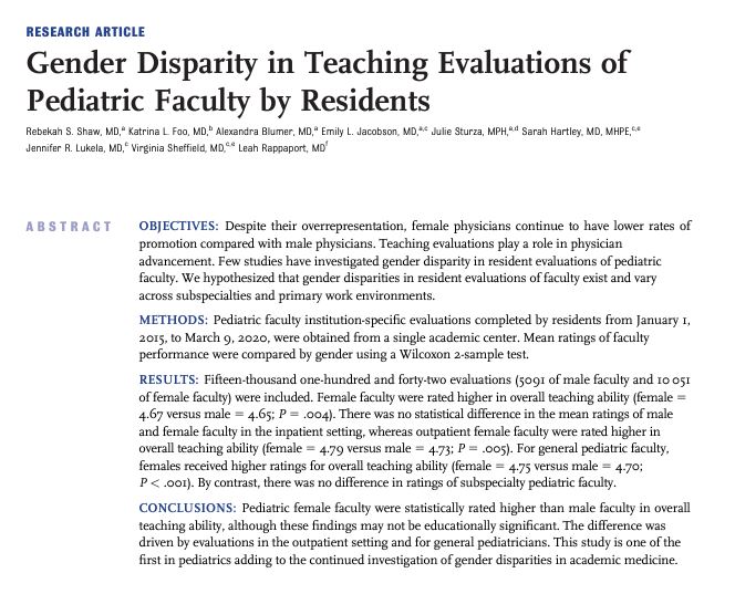 Today, we highlight this recent original article by #DrRebekahShaw and team at @MottChildren entitled: 🔥Gender Disparity in Teaching Evaluations of Pediatric Faculty by Residents 🔥 Link: bit.ly/3NpaNm5 #Hospitorial by @JessieAllanMD #HospitalPediatrics (1/9)
