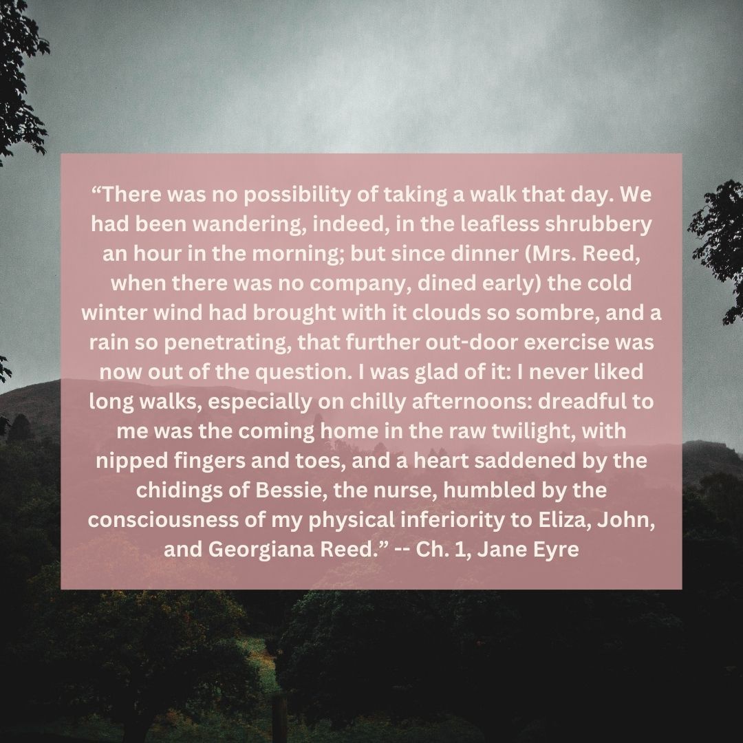 “There was no possibility of taking a walk that day.” - Ch. 1, Jane Eyre 

#EyreBuds #JaneEyre #charlottebronte #edwardrochester #romancereader #perioddrama #naturetheme #classicbookstagram #classicliterature #nature #natureinliterature #literaryquotes