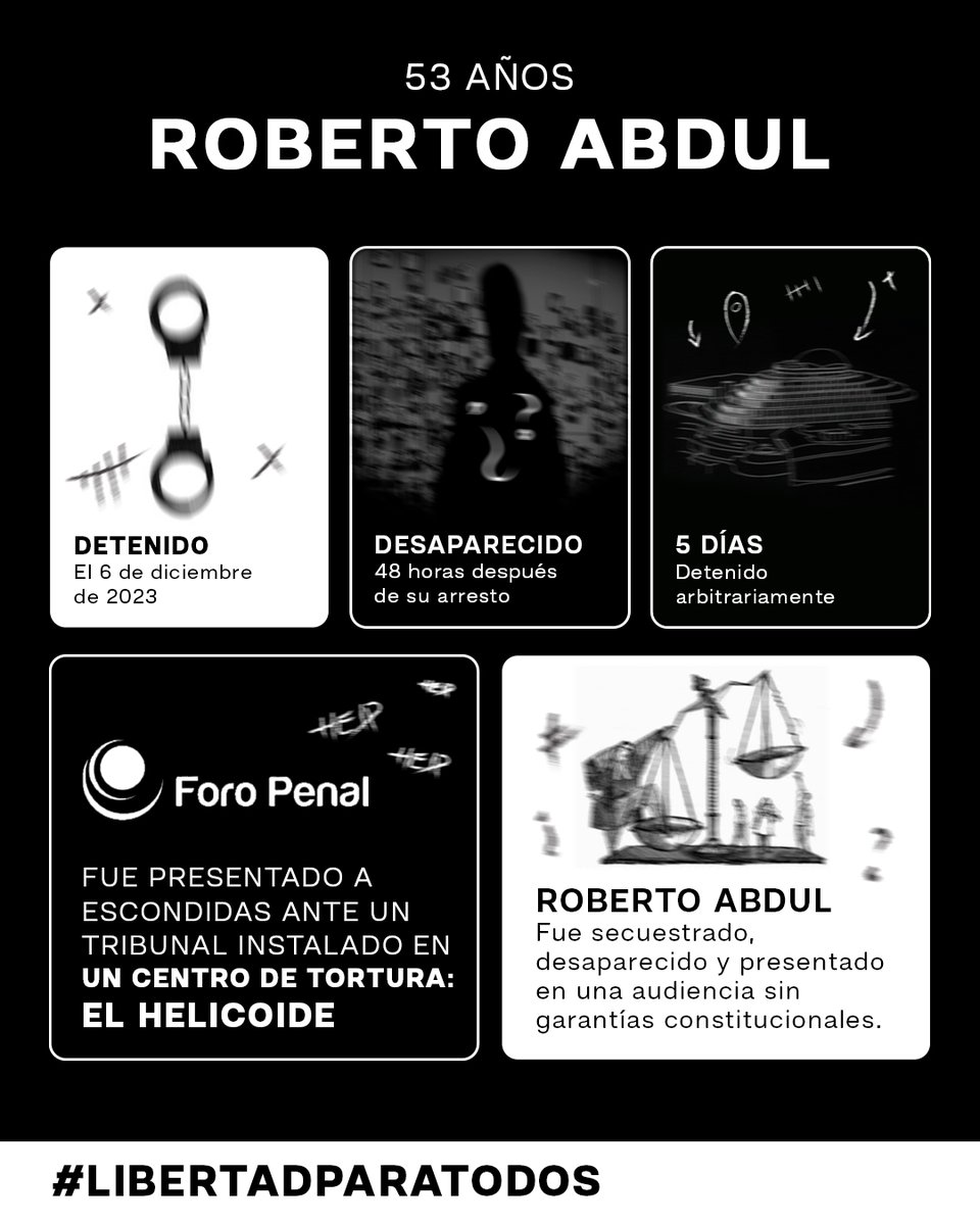 ¡PERSEGUIDO Y SECUESTRADO POR LA DICTADURA!

El caso de Roberto Abdul es la muestra de cómo el régimen de Nicolás Maduro hace de la persecución, hostigamiento y la tortura su política de Estado. 

#LibertadParaTodos
#CierrenLosCentrosDeTortura