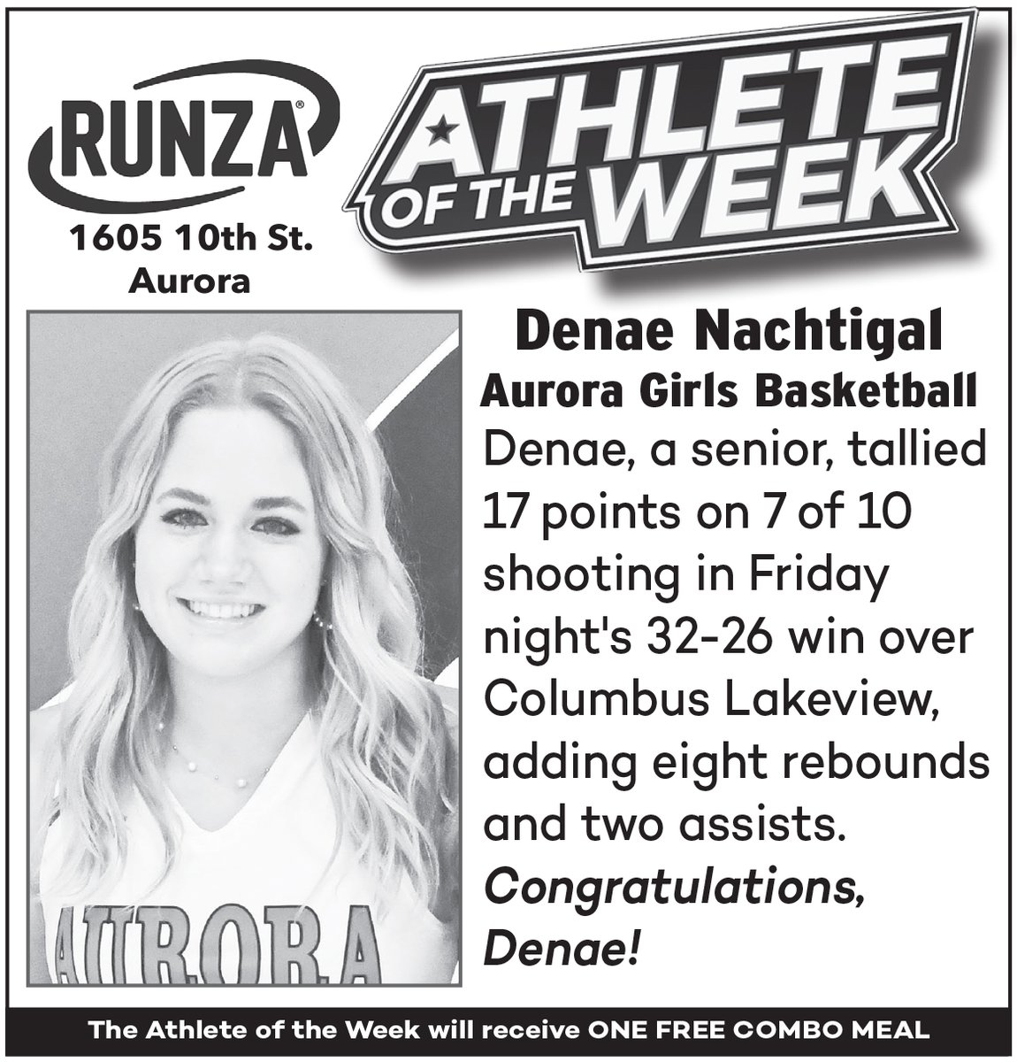 Our Runza AOTW is Denae Nachtigal for her lights-out effort in Aurora's first win of the season last week over Lakeview. Through four games, she's averaging 13 points and 7 rebounds. Congrats, Denae! #nebpreps