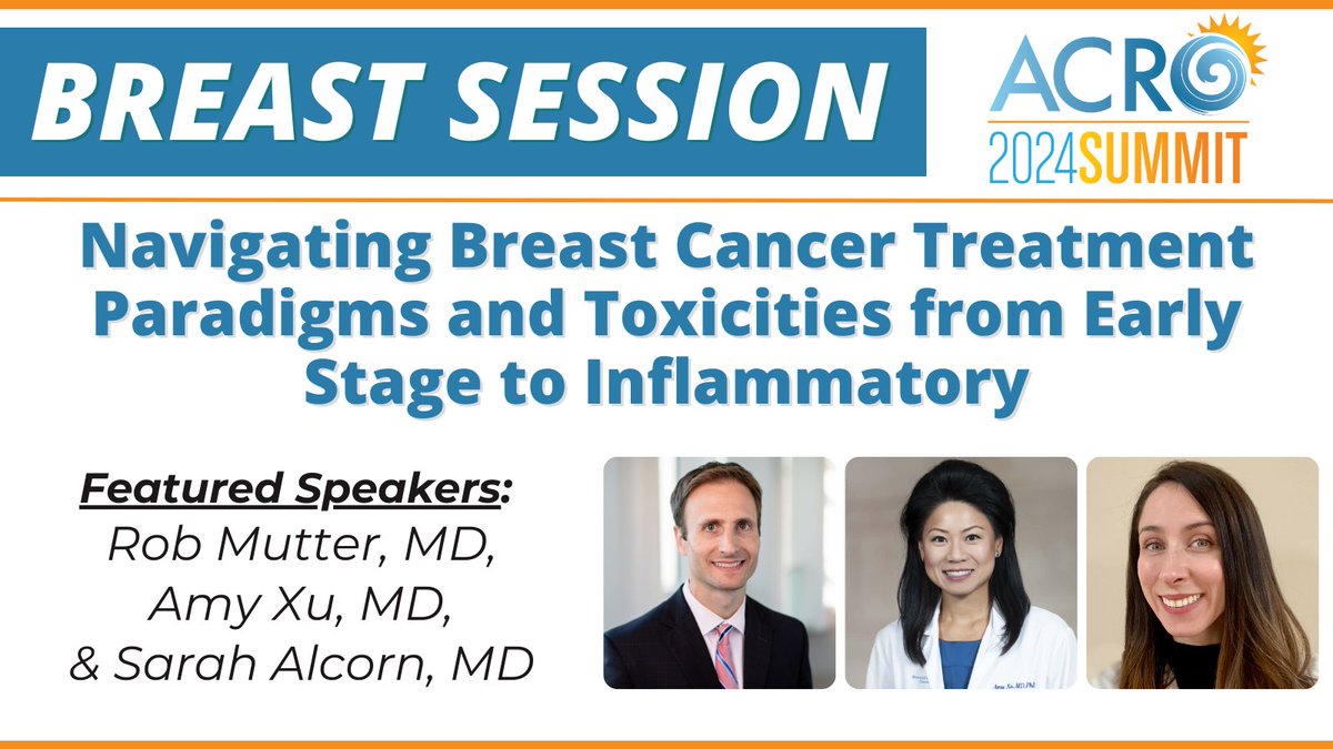 Today's preview is the #ACRO2024 Breast Session with Drs. Rob Mutter, Amy Xu, and Sarah Alcorn. Join us for 'Navigating Breast Cancer Treatment Paradigms and Toxicities from Early Stage to Inflammatory' by registering at acro.org/annual_meeting!