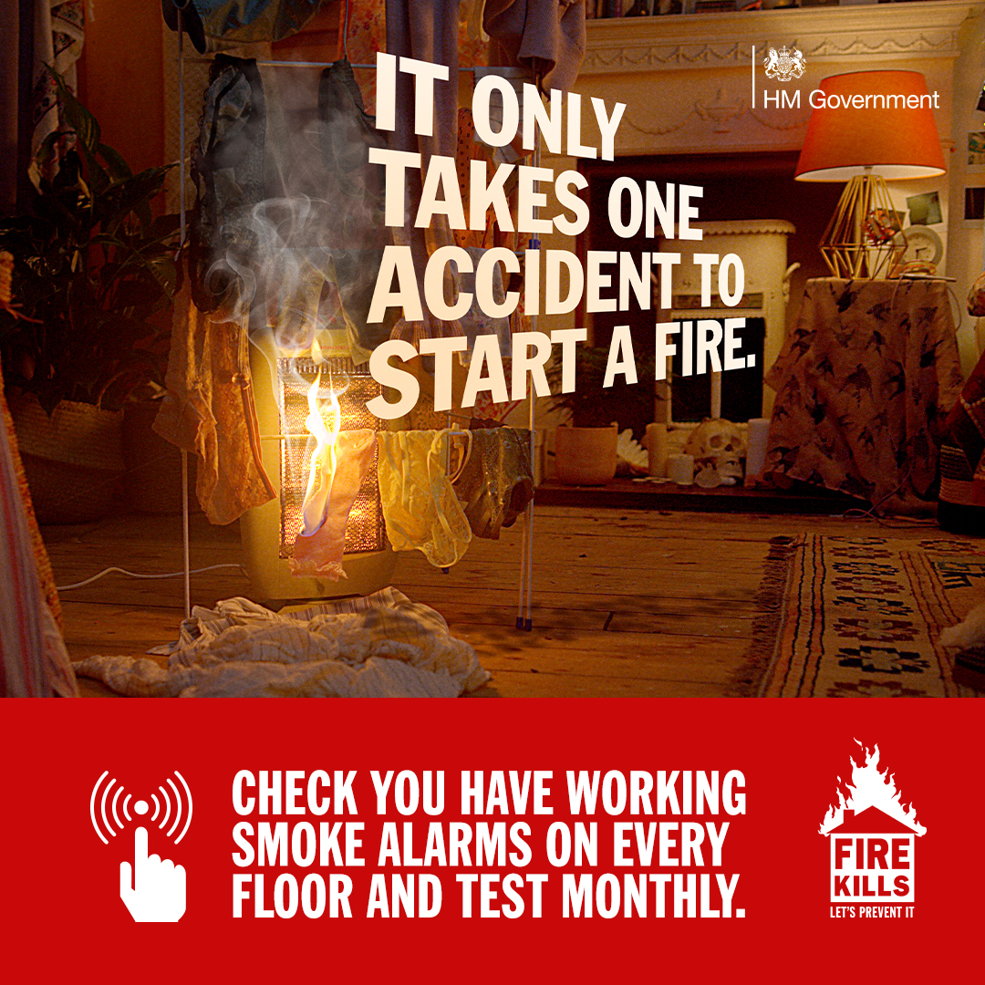 A fire can start in any room. Install at least one smoke alarm on every floor of your home. Test them once a month to make sure they are working. gov.uk/firekills #FireKills