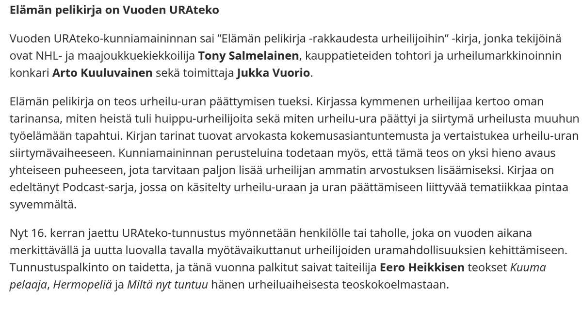 Nöyrin kiitoksemme tästä tunnustuksesta! Se lämmittää!

epressi.com/tiedotteet/urh…

#NoPelikirjaNoParty #kirjat #urheilu