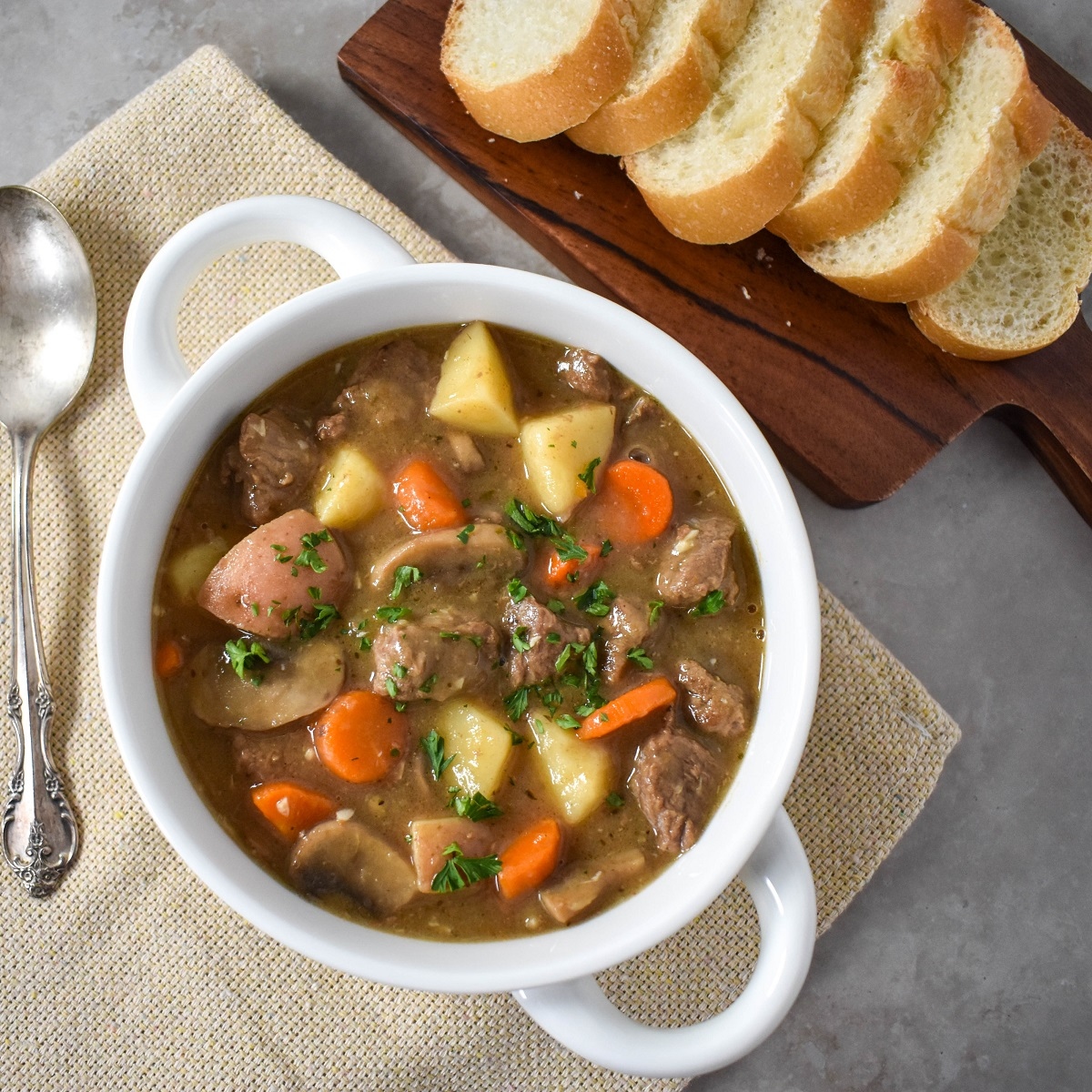 Beef stew made with tender sirloin tips, mushrooms, carrots, celery, and potatoes. It is a hearty meal that is simple and affordable to make. Recipe: cook2eatwell.com/beef-stew/