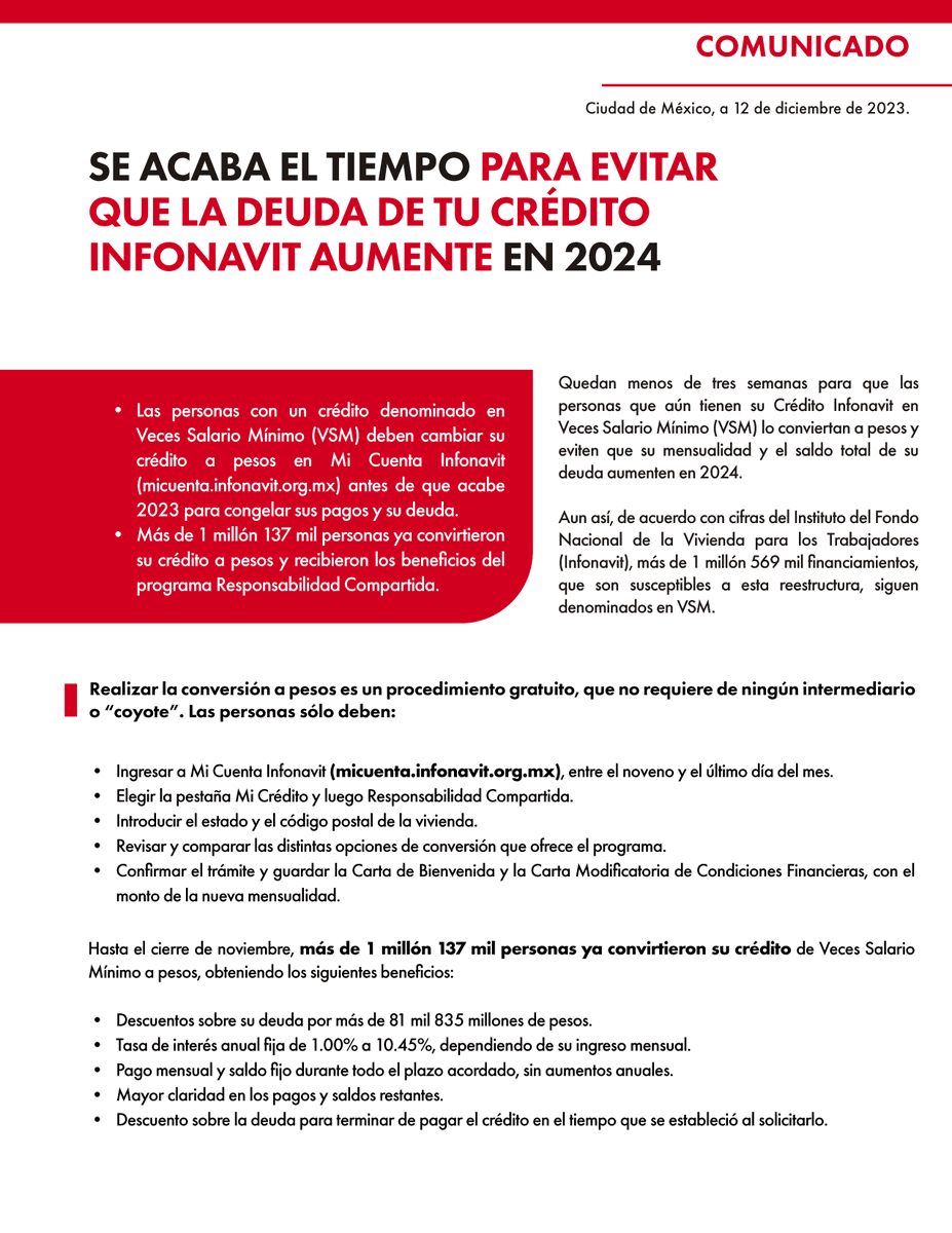 Infonavit's tweet photo. ¡Se acaba el tiempo! Tienes hasta el 31 de diciembre de 2023 para convertir tu crédito de VSM a pesos. Si no lo haces, tu deuda y tu mensualidad aumentarán en enero de 2024. Únete a las más de 1.1 millones de personas que ya disfrutan de los beneficios de Responsabilidad Compartida. Hazlo en https://t.co/sQkuIB2Yjm
