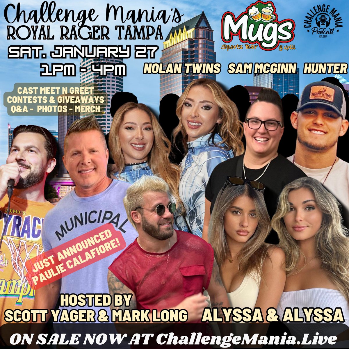 Scott Yager (@shotofyager) on Twitter photo FLORIDA! Tix running low for the Challenge Mania Party of the year! Come and hang with this massive roster of cast-members on a Saturday afternoon this January led by the one and only <a href="/PaulCalafiore_/">Paulie Calafiore</a>!
#ChallengeMania #TheChallenge #TheChallenge39 FLORIDA! Tix running low for the Challenge Mania Party of the year! Come and hang with this massive roster of cast-members on a Saturday afternoon this January led by the one and only <a href="/PaulCalafiore_/">Paulie Calafiore</a>!
#ChallengeMania #TheChallenge #TheChallenge39