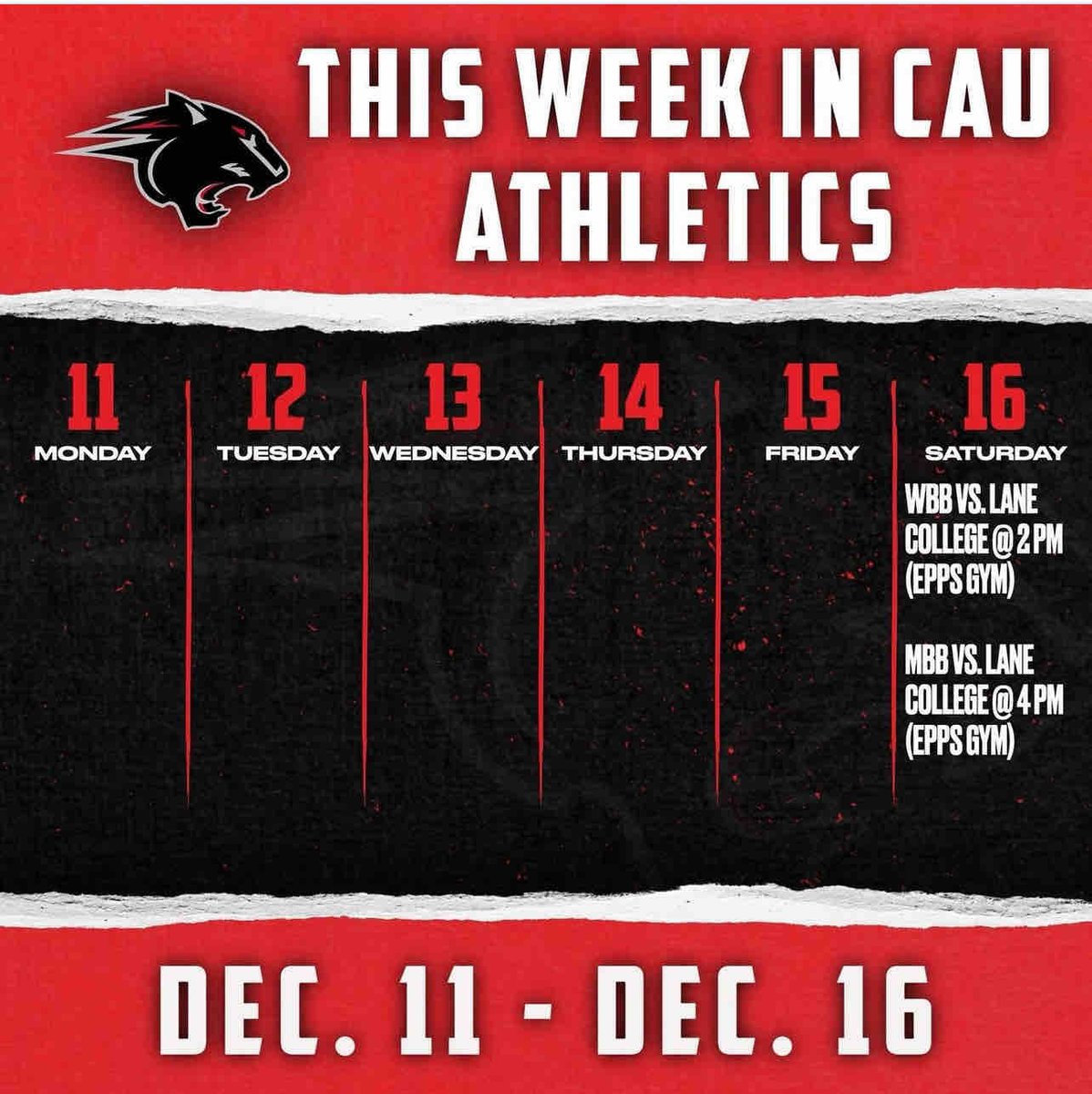 This Week in CAU Athletics! Women’s basketball returns home to face Lane College on Saturday at 2 p.m., followed by Men’s basketball at 4 p.m. Come out and support your CAU Panthers!