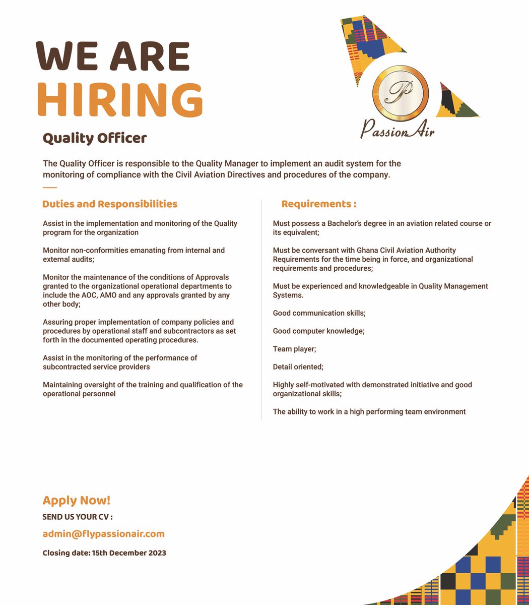 We are Hiring!!!

Position: Quality Officer

Send your resumes to: admin@flypassionair.com 

Closing date: 15 December 2023

#vacancy #flypassionair #passionair #safetyofficer