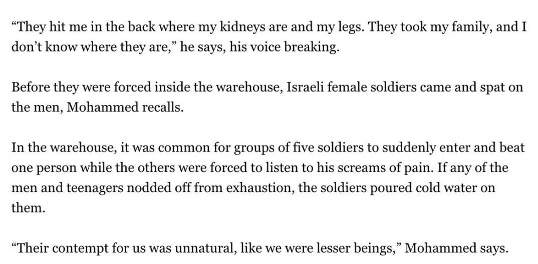 This testimony is from a 14-year-old boy who was among the hundreds of Palestinian men, women, and kids abducted & tortured by Israeli forces this past week.