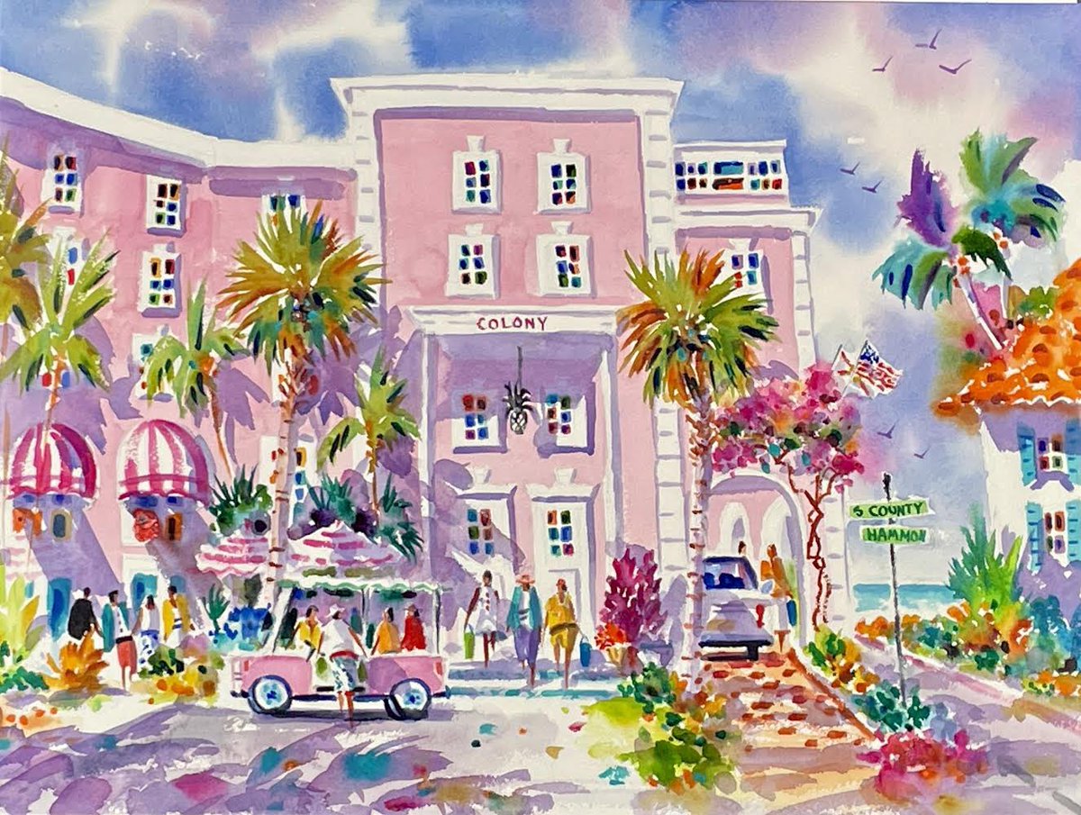 I really enjoyed painting The Colony Hotel in Palm Beach....mainly because I got to use an abundance of pink but also because I did the sketch on location and enjoyed watching all the preppy outfits coming and going. 

I love the old Florida vibe that this architecture emotes!