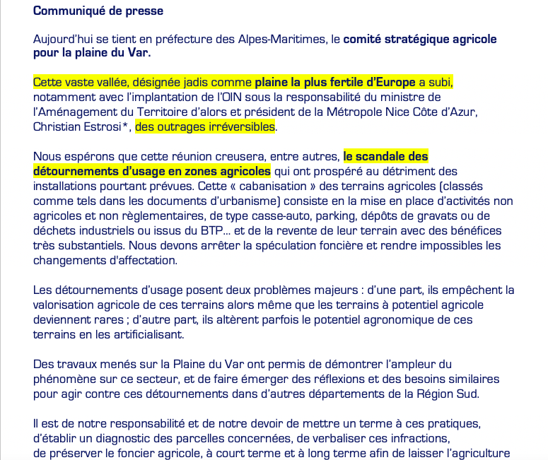 HGranouillac's tweet photo. Communiqué de Presse
Le scandale des détournements d’usage en zones agricoles remplacées par activités non agricoles et non règlementaires @VilledeNice @MetropoleNCA @MaRegionSud #PACA
#ZAN #zeroartificialisationnette
@prefet06 #HuguesMotouh #ChambredAgriculture06 @Agri_Gouv https://t.co/7ItSxG3DYt