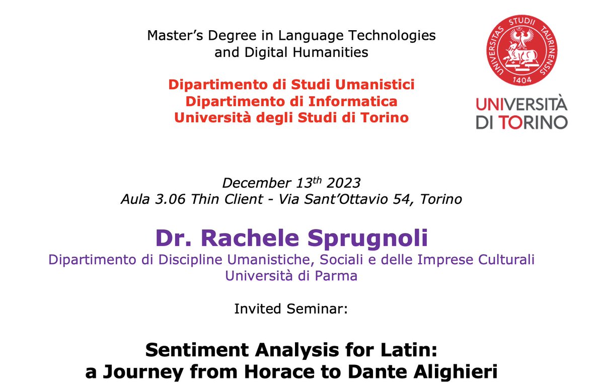 RSprugnoli's tweet image. Tomorrow in Turin to talk about sentiment analysis for Latin and meet some @diunito friends! It will be nice to speak at a degree course that combines my favorite fields of study: #digitalhumanities and language technologies! #NLProc #digiclass