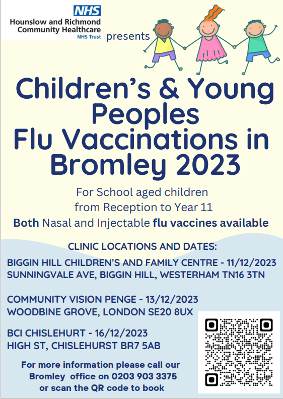 Get your child protected from flu before Christmas.
Next clinics:
➡️Penge - 13 December
➡️Chislehurst - 16 December
Book you place on 0203 9033375. More details 👇
<a href="/se20magazine/">Belinda O'Grady</a> <a href="/HolyTrinitySE20/">Holy Trinity SE20</a> <a href="/thepengetourist/">Penge Tourist Board</a> <a href="/VisitChis/">Visit Chislehurst</a> <a href="/chislehurstkent/">Chislehurst Rotary</a> <a href="/VisitChis/">Visit Chislehurst</a> <a href="/bromley0to19/">Bromley 0 to 19</a> <a href="/BR_C_F_forum/">Bromley Children and Families Forum</a>