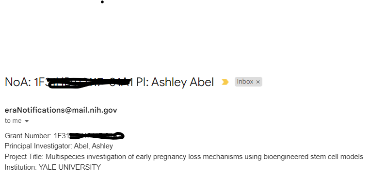 Super thrilled to share that I've been awarded an @NICHD_NIH F31 Fellowship! Months of hard work went into this, and I couldn't have done it without my brilliant mentor @BernaSozen_ and the world-class scientific environment of @YaleGenetics driving my growth through this PhD!