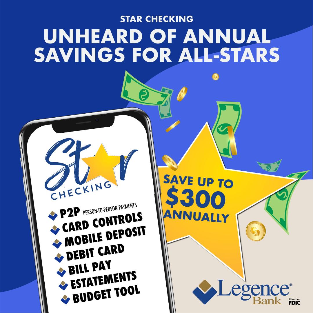 𝐒𝐇𝐈𝐍𝐄 𝐛𝐫𝐢𝐠𝐡𝐭 𝐰𝐢𝐭𝐡 𝐒𝐓𝐀𝐑 𝐂𝐇𝐄𝐂𝐊𝐈𝐍𝐆
Star Checking is a free checking account with Legence Bank, rewarding 𝐘𝐎𝐔 with annual savings and convenient benefits! Here are a few benefits: