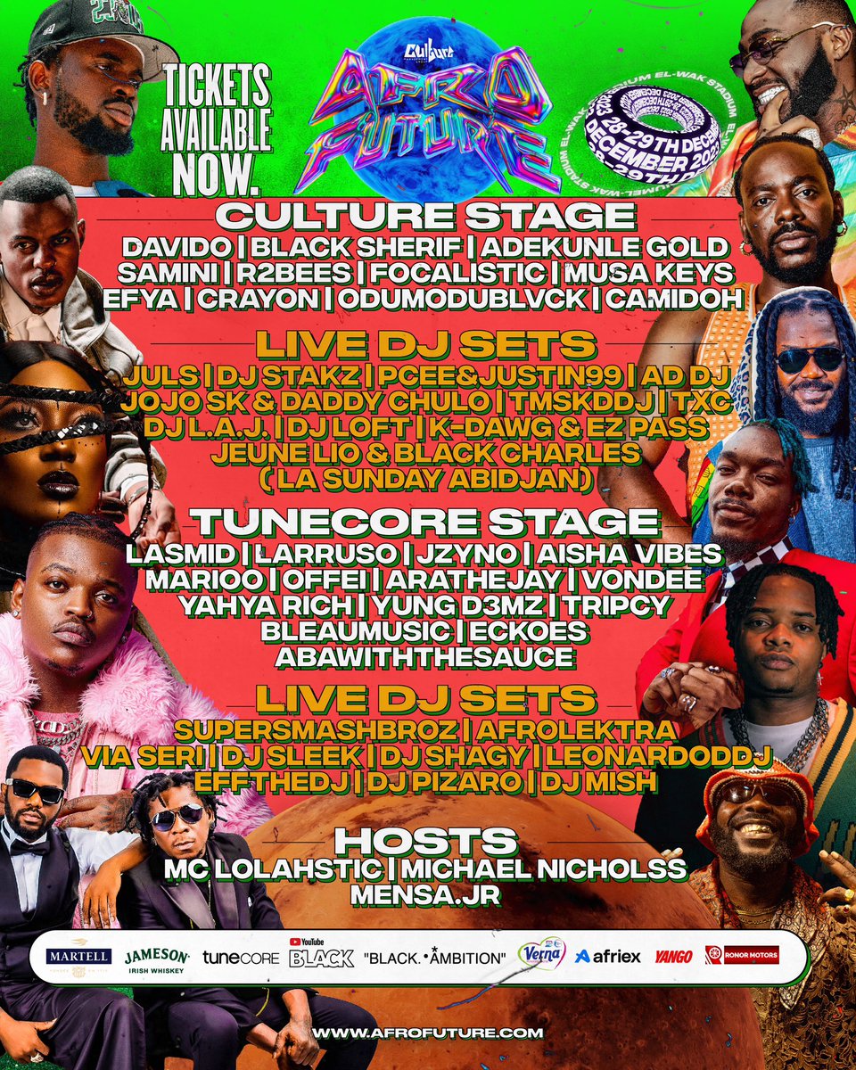 Catch the full lineup and see who's heating up the Culture stage and TuneCore stage, alongside local and international musical acts, all-star DJ sets, sensational hosts, and much more at this year’s Afrofuture Festival's unforgettable celebration of music and culture.