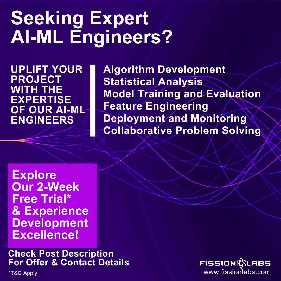 Are you seeking top-notch Augmented AI-ML Engineer services to power your projects? Look no further!

Register your interest here: fissionlabs.com/data-scientist…

#aiengineering #machinelearning #datascientists #techinnovation #augmentedai #mlservices #datasciencesolutions #aiexperts
