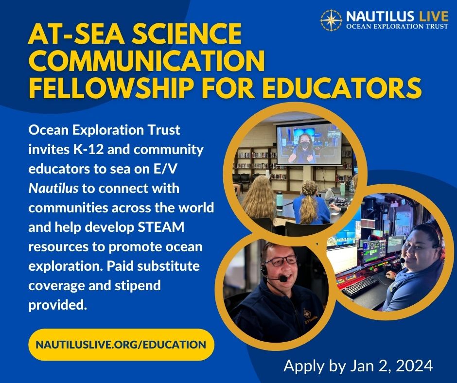 Applications are open for the OET 2024 #ScienceCommunicationFellowship that immerses formal and informal educators in the Nautilus #CorpsofExploration as communicators for exploration. Learn more: nautiluslive.org/join/science-c…