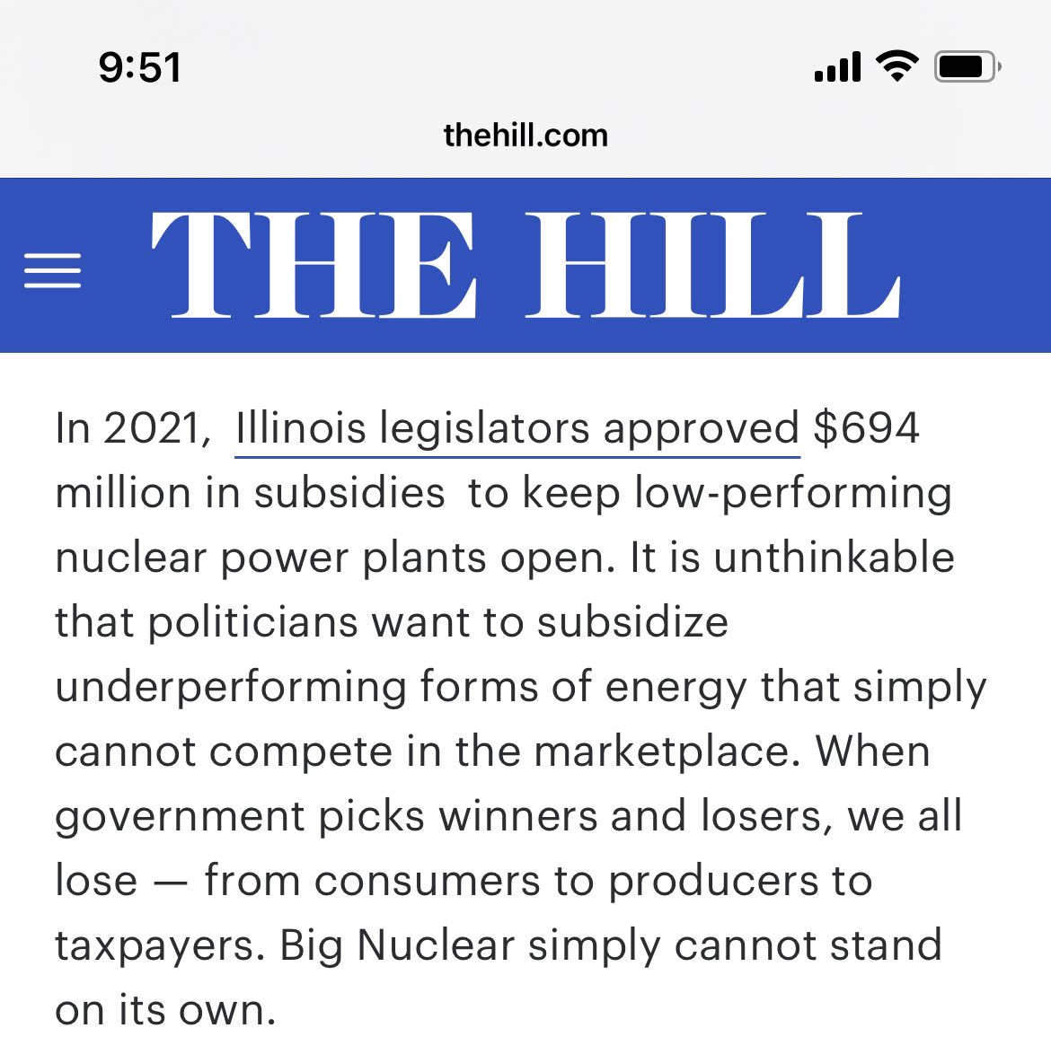 This paragraph is specifically silly Thanks to the Illinois law mentioned, Big Nuclear ended up returning an estimated $1 billion to customers on their utility bills! Rather than all of us losing, Illinoisans won big on that deal