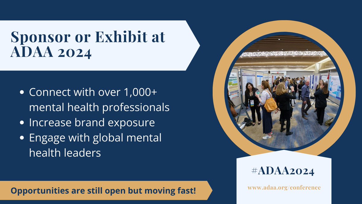ADAA_Anxiety's tweet image. There&apos;s still time to take part in the #ADAA2024 conference as an exhibitor or #ConferenceSponsor! Both opportunities mean you&apos;ll have the chance to engage with mental health professionals from around the country and highlight the work your business does. ow.ly/6m6n50QbBOT