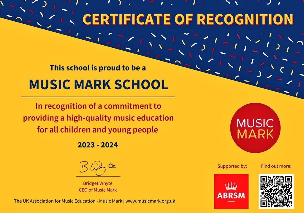 We are proud to receive a Music Mark School recognition certificate 🎊🎉. This is in recognition of a commitment to providing a high-quality music education for all children and young people in our school.
#TewkesburyPrimary #TewkPri #tewkesbury #music #musicmark #musicmarkschool