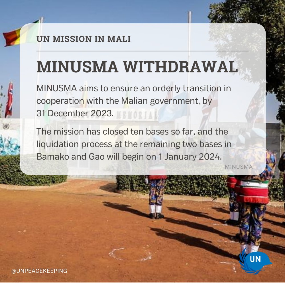 The United Nations Mission in #Mali🇲🇱 @UN_MINUSMA continues its withdrawal process in line with @UN Security Council Resolution 2690 and in cooperation with the government of Mali. Learn more about #SC Resolution 2690: ow.ly/xEUL50QhG0w
