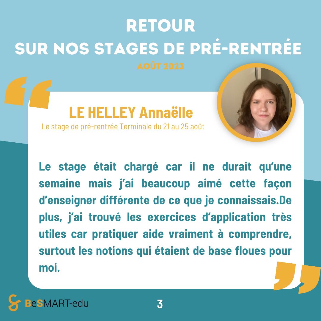 🌟 Témoignages Inspirants 🌟

Pour clôturer cette série sur les retours de nos étudiants suite à nos stages de pré-rentrée, nous accueillons aujourd’hui le témoignage d’Annaëlle, une de nos remarquables étudiantes ayant suivi le stage de pré rentrée Terminale !

#Rentrée2023