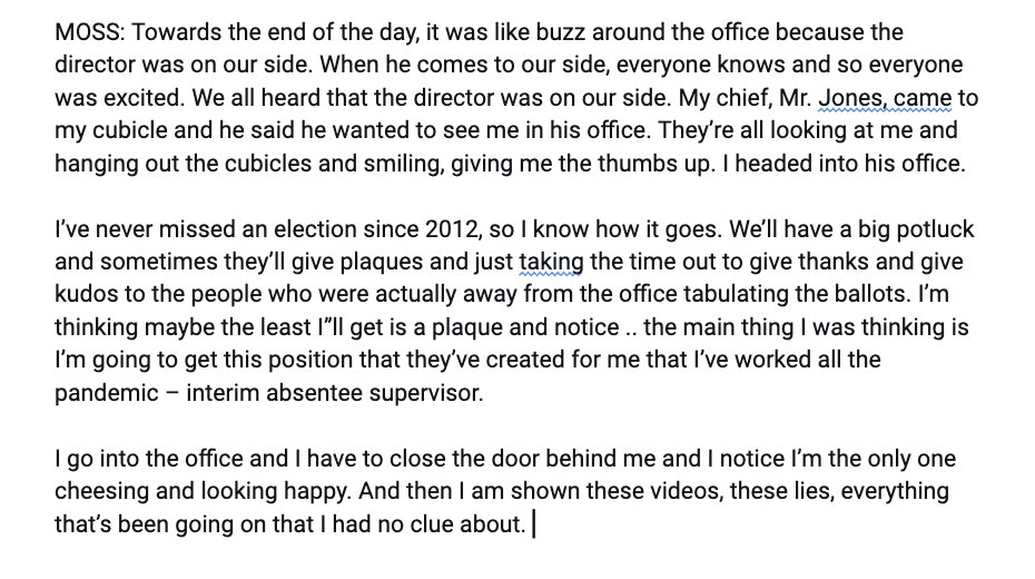 Here's how MOSS described the moment on Dec. 4, 2020 that she realized that she was the subject of a smear campaign about her work on the election.