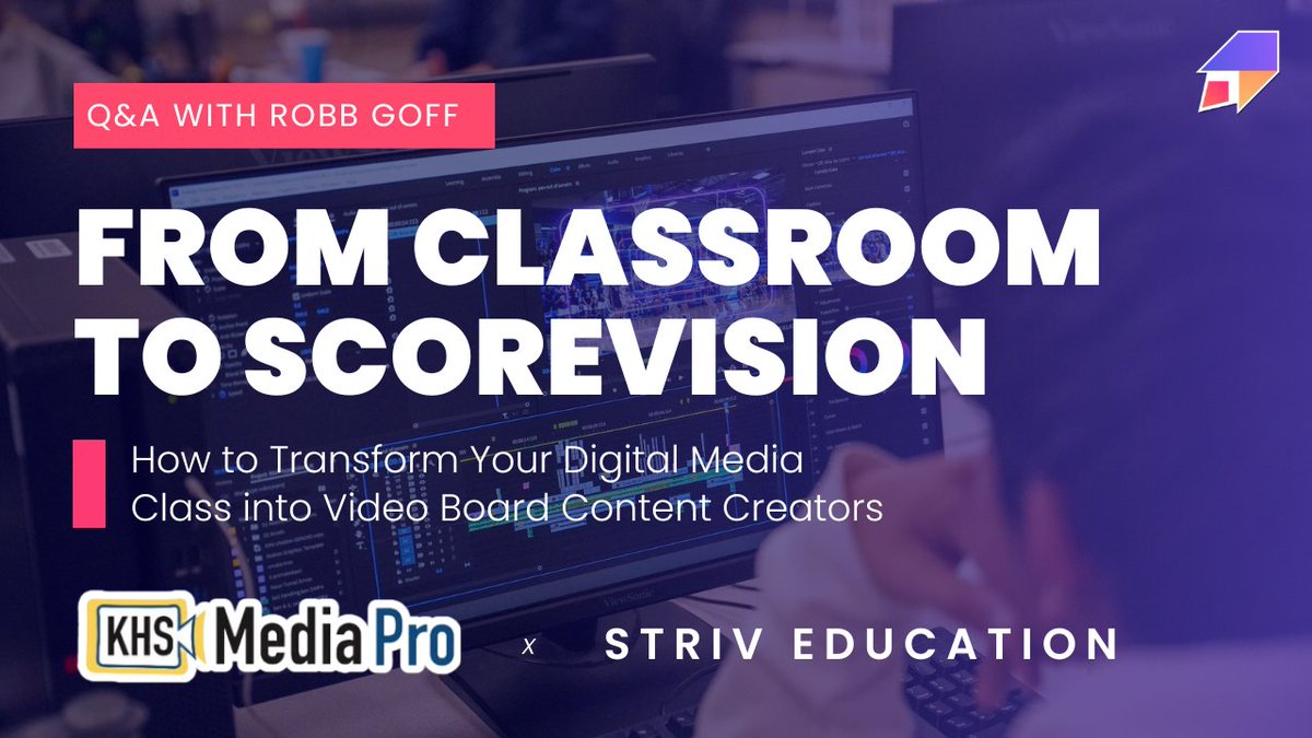 Join us tomorrow at 12pm for great conversation with @goff_robert on how he transformed his digital media students into video board content creators! Watch here: bit.ly/Class2ScoreVis… @GetScoreVision | #DigitalMediaEDU | #strivschools