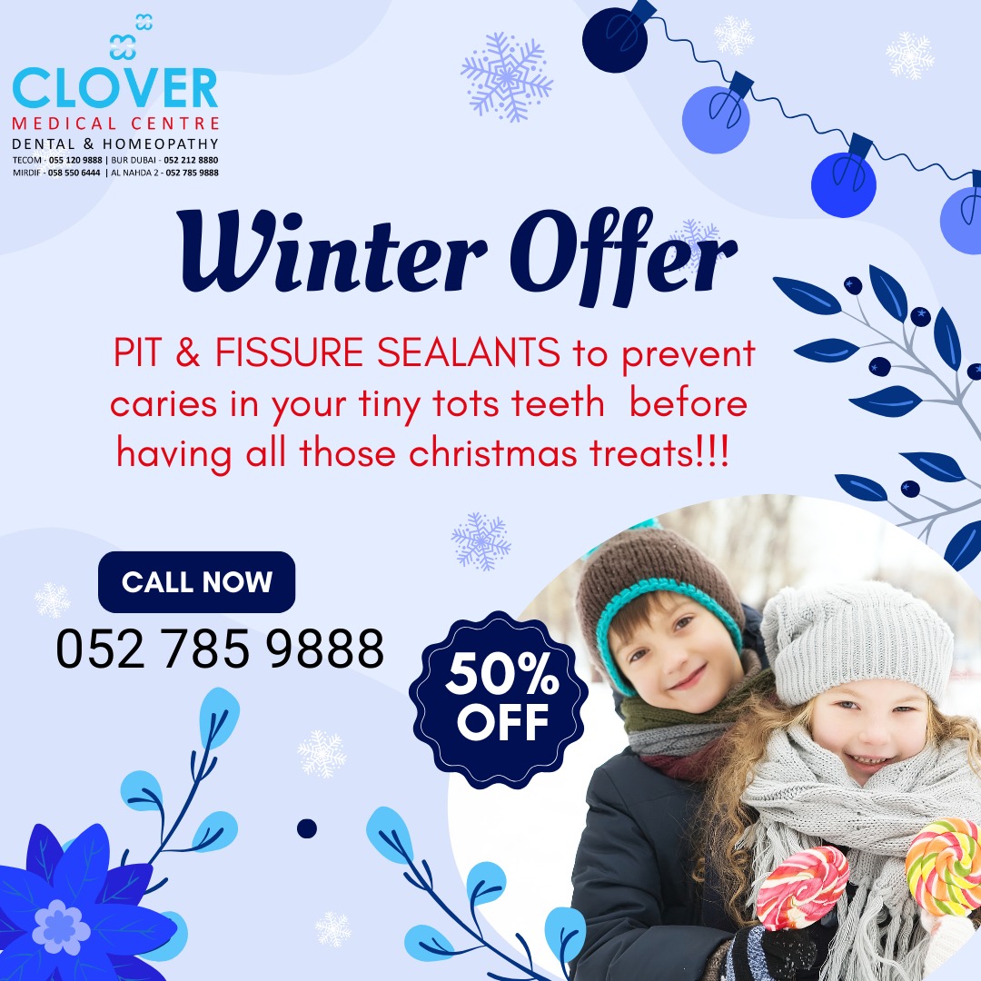 𝐖𝐢𝐧𝐭𝐞𝐫 𝐎𝐟𝐟𝐞𝐫 𝟓𝟎%

PIT & FISSURE SEALANTS to  prevent caries in your tiny tots teeth before having all those christamas treats !!!

For More Details Please Call 052 785 9888

#kidsdental #dentist #dentalcare #kidsdentalcare #dentalhealth #smile #kidsdentist #kids