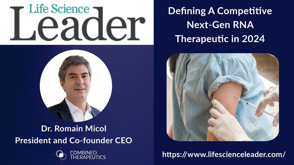 Combined Therapeutics (@combined_tx) on Twitter photo In this issue of Life Science Leader, <a href="/Combined_Tx/">Combined Therapeutics</a> President and CEO Dr. Romain Micol weighed in alongside other RNA executives on where he thinks the field of mRNA cancer vaccines is headed.
To read the full article, visit:
bit.ly/3NcoDIo
#mRNA In this issue of Life Science Leader, <a href="/Combined_Tx/">Combined Therapeutics</a> President and CEO Dr. Romain Micol weighed in alongside other RNA executives on where he thinks the field of mRNA cancer vaccines is headed.
To read the full article, visit:
bit.ly/3NcoDIo
#mRNA