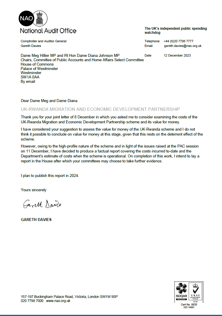 Following a request from @CommonsHomeAffs and @CommonsPAC, @NAOorguk has now confirmed that it will produce a factual report covering the costs incurred by the Rwanda scheme to date and the department's estimate of costs when the scheme is operational. committees.parliament.uk/publications/4…