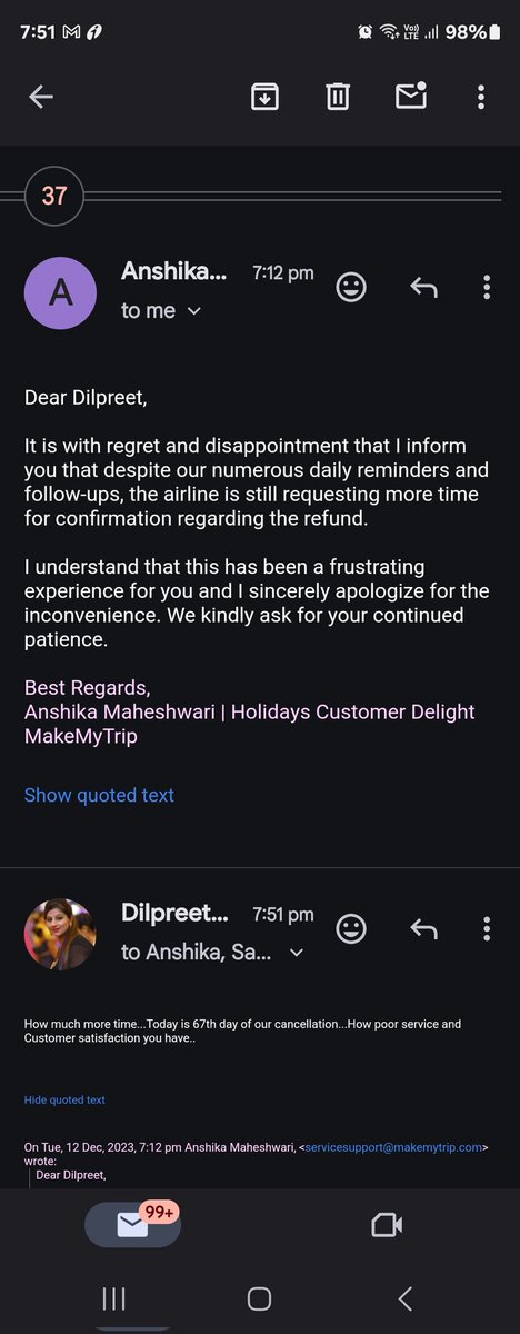 #Poorcustomerservice#horriblecustomerservice#shamefulcustomerservice#worstcustomerexperience#customerservicefail#unethicalservice 
#MakeMyTrip #MMT

#Makemytrip today more than 65 days have passed still not got the refund...

Dilpreet 
8287627272