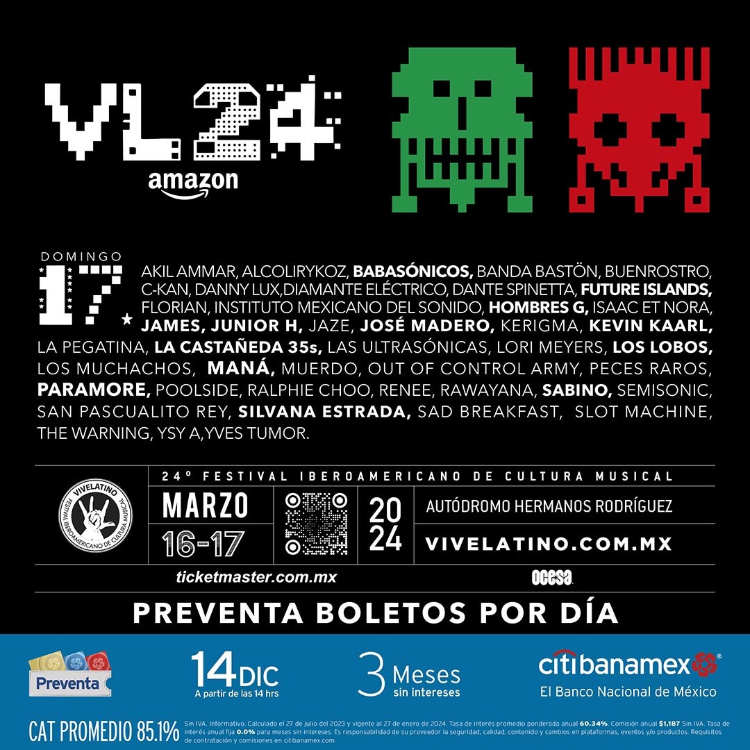 Tremendo cartel del @vivelatino 2024 en México, allí, el 17 de marzo estarán mis queridos @HombresG 🤟🎸😘 #vivelatino #ViveLatino2024