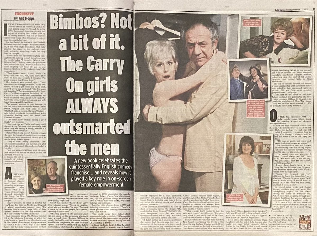 Wow! How about that fantastic double page spread in today’s <a href="/Daily_Express/">Daily Express</a>!
With huge thanks to our darling chum Sally Geeson for being so erudite and charming; and journalist <a href="/kathopps/">Kat Hopps</a> for the lovely and affectionate words.
The #CarryOn Girls is published <a href="/TheHistoryPress/">The History Press</a>