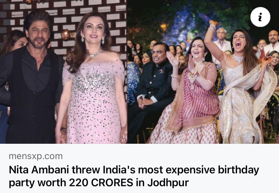 Vijaylakshmi Nadar (@vijnad) on Twitter photo India’s 80 crore population is surviving on 5 kg free ration by the <a href="/narendramodi/">Narendra Modi</a> govt and there is this family ! Which can afford to spend 220 crores on a single birthday celebration. Something 99% of Indians cannot afford to do, even in multiple births ! India’s 80 crore population is surviving on 5 kg free ration by the <a href="/narendramodi/">Narendra Modi</a> govt and there is this family ! Which can afford to spend 220 crores on a single birthday celebration. Something 99% of Indians cannot afford to do, even in multiple births !