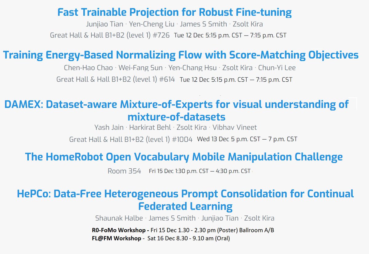 If you are attending @NeurIPSConf check out all of our papers and challenge! Robust fine-tuning, energy based models for generation, MoEs for object detection, open-vocabulary mobile manipulation, and continual federated learning! First two are today 5:15pm CT! @ICatGT @mlatgt