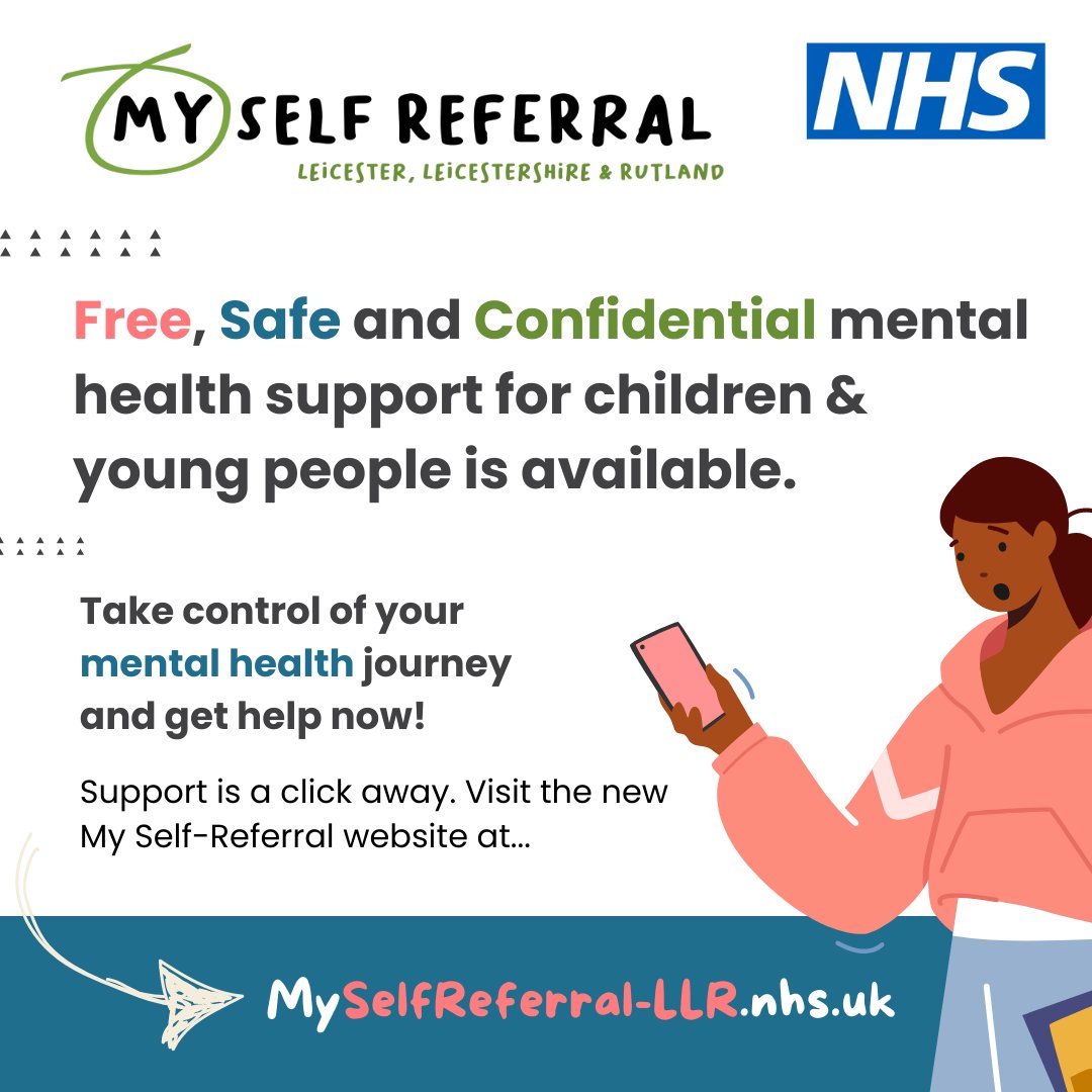 Did you know a new self-referral website supports children and young people's mental health in Leicester, Leicestershire and Rutland?

If you are struggling with your mental health and don't know where to turn, visit myselfreferral-llr.nhs.uk for free and confidential support.