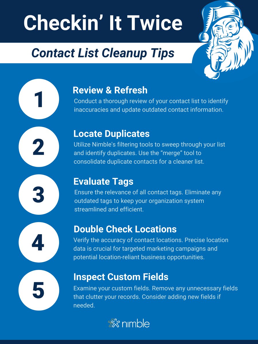 Nimble's tweet image. On the 5th day of 12 days of Nimble, we’re making an updated contact list and checking it twice. 🎅🏻📝

Check out these practical strategies for tidying up your contacts as we step into the new year. 🌟

Kickstart 2023 with an up-to-date database! 🙌🏻

#CRM #SimpleCRM