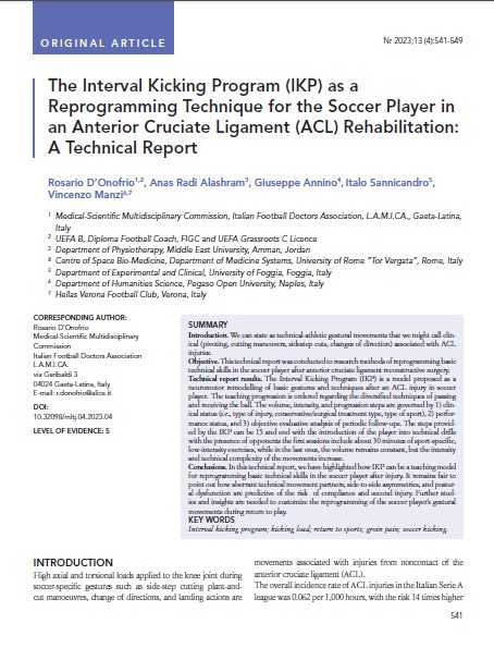 DonofrioRo's tweet image. R. D’Onofrio, A. R. Alashram, G. Annino, I. Sannicandro, V. Manzi . The Interval Kicking Program (IKP) as a Reprogramming Technique for the Soccer Player in an Anterior Cruciate Ligament (ACL) Rehabilitation: A Technical Report
Muscles, Ligaments and Tendons Journal 2023;13 (4)